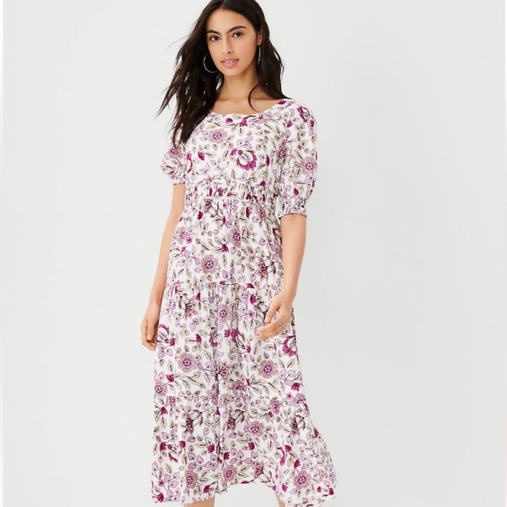 Ann Taylor Floral Tiered Midi Dress White Pink Purple Size 2